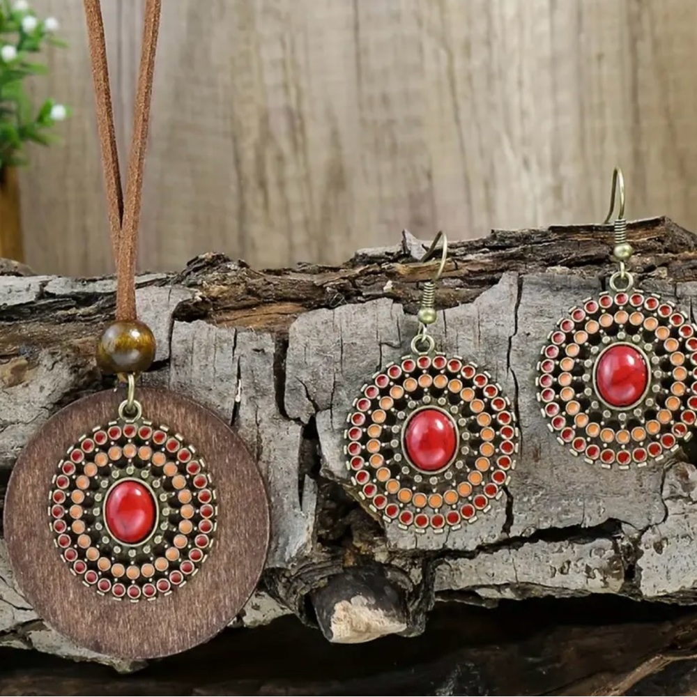 Brown Leather with Gemstones Necklace and Earring Set